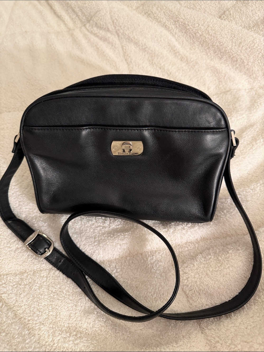Vintage Etienne Aigner Black Leather Crossbody with Gold Plaque Accent